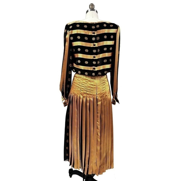 1980s VTG Raul Blanco Metallic Gold/Black  Stunning Polyester Evening Dress Sz S - Picture 7 of 8